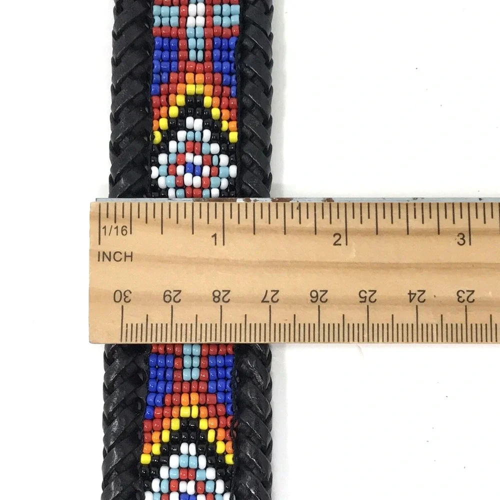 VTG LL Bean Southwestern Belt Size 28 Beaded Black Leather Braided 1991 Native